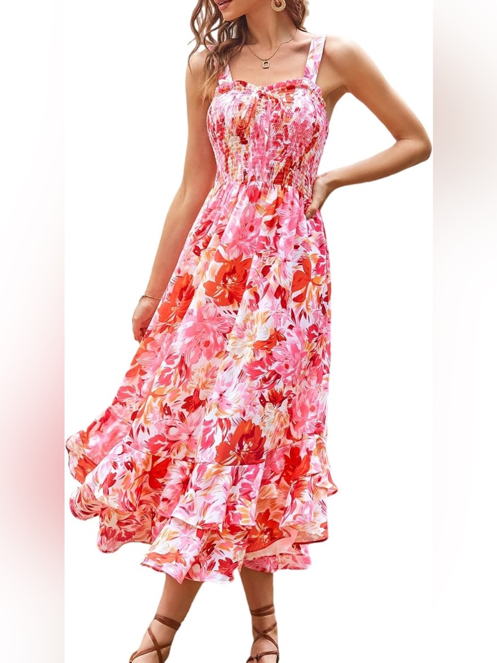 NEW Grace Karin Pink & Red Floral Midi Sundress with Ruffle Hem Size S